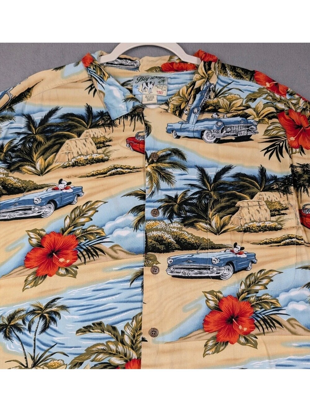 Big Dogs Mens 3XL Sand Vintage 90s Hawaiian Shirt Classic Cars Tropical Floral